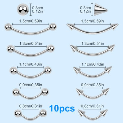 10 Pcs Eyebrow Piercing Jewelry Set – 16 g Surgical Steel Curved Barbell, Silver Vertical Labret Lip Jewelry, Tiny Eyebrow Rings Ear Rook Navel Small Belly-Button Ring for Women Men