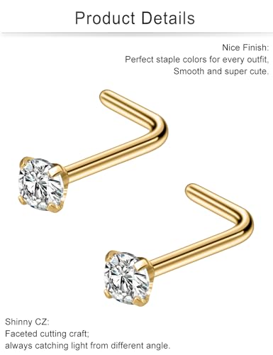 Cisyozi 18G Nose Rings Studs Hypoallergenic Nose Piercings 316L Surgical Steel Silver Nose Rings Set L Shaped Nose Nostril Piercing Jewelry for Women Men Diamond CZ 1.5mm 2mm 2.5mm 3mm 3.5mm 4mm - color: 18G - Gold- CZ 2.5mm
