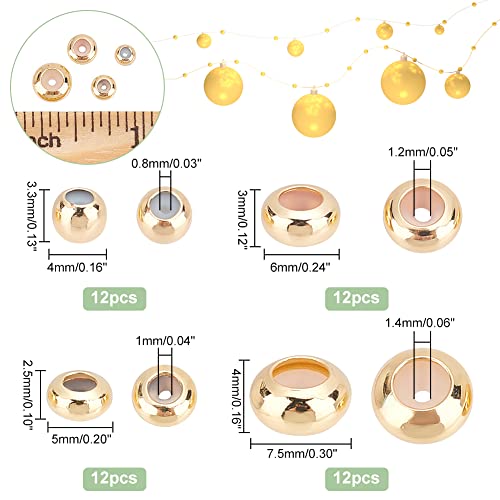 PH PandaHall 48pcs 14K Gold Stopper Beads, 4 Sizes Slider Beads Brass Spacer Rubber Insert Locating Bead Length Adjust Spacer Bead for DIY European Bracelets Necklaces Jewelry Making 4/5/6/7mm - size: 4/5/6/7mm