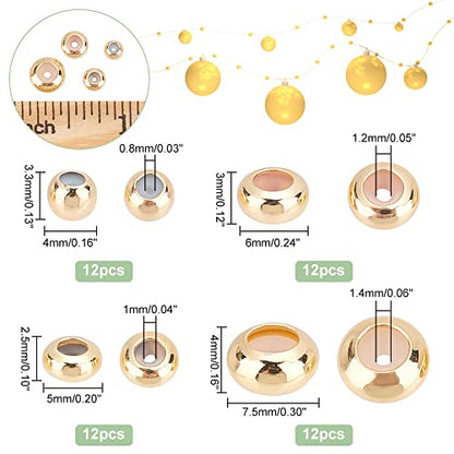 PH PandaHall 48pcs 14K Gold Stopper Beads, 4 Sizes Slider Beads Brass Spacer Rubber Insert Locating Bead Length Adjust Spacer Bead for DIY European Bracelets Necklaces Jewelry Making 4/5/6/7mm - size: 4/5/6/7mm