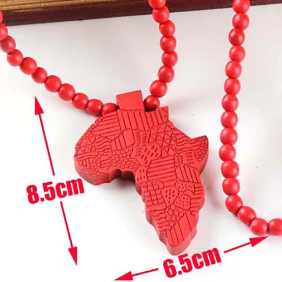 COLORFUL BLING Multicolor 8MM Wooden Bead Chain African Hip-hop Africa Map Pendant Necklace for Men Boys Natural Wood Jewelry - color: style2 red