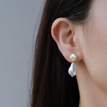 Statement Pearl Dangle Earrings,Gold and Large Pearl,Luxury Chandelier Organic Style Earrings - color: N gold and white