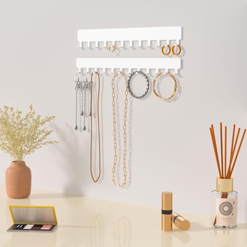Necklace Holder Wall Mounted,Self Adhesive Jewelry Organizer,2 Pack,White | Modern Design,24 Hooks for Jewelry,Self Adhesive No Drilling,Durable Metal Design,for bedroom/closet/bathroom/vanity - color: White