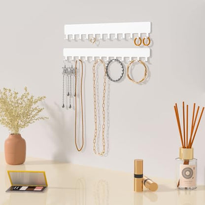 Necklace Holder Wall Mounted,Self Adhesive Jewelry Organizer,2 Pack,White | Modern Design,24 Hooks for Jewelry,Self Adhesive No Drilling,Durable Metal Design,for bedroom/closet/bathroom/vanity - color: White