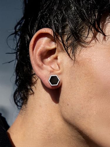 ChicSilver 925 Sterling Silver Viking Rune Natural Black Onyx Stud Earrings For Women Men - style: D: Hexagon Black Onyx