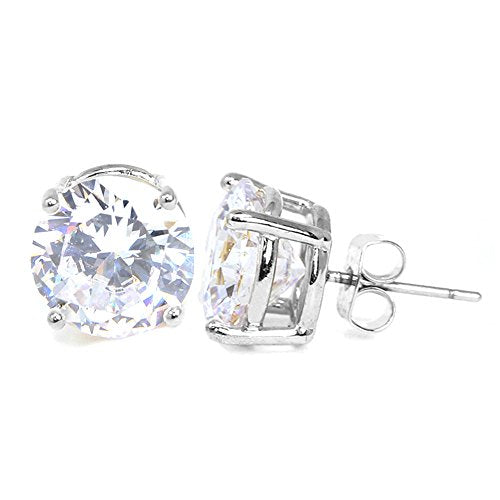 Stainless Steel Round Cut Cubic Zirconia Stud Earrings With Clear Case - Gold, Silver (3mm~12mm) - color: 12mm-Silver