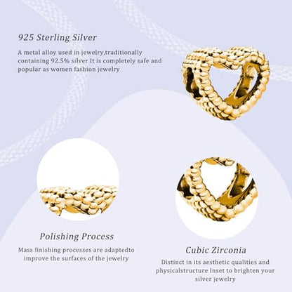 14K Gold Plated Silver Charms for Pandora, Women Heart Family Love Pet Animal Bead Dangle for Bracelets Necklace Jewelry Gift - color: B-Golden- Snake Bone Chain Heart