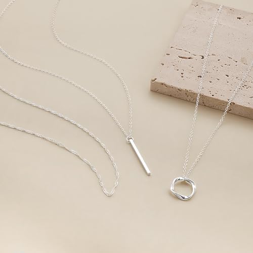 Cuzmly Layered Silver Necklaces for Women, Sterling Silver Stackable Stack Choker Necklaces for Women Trendy Layering Circle Pendant Chain Necklace Set Jewelry for Women - style: Bar