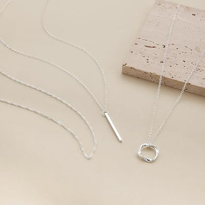 Cuzmly Layered Silver Necklaces for Women, Sterling Silver Stackable Stack Choker Necklaces for Women Trendy Layering Circle Pendant Chain Necklace Set Jewelry for Women - style: Bar