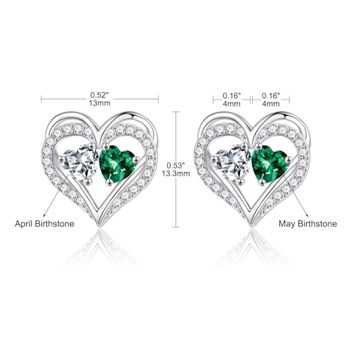 Heart Earrings for Women - Birthstone Earrings | 925 Sterling Silver, Stud Earrings, Gift Box Packaging, Anniversary Birthday Gifts for Women Wife Girlfriend Mom - color: 04-05-Apr-May Birthstone