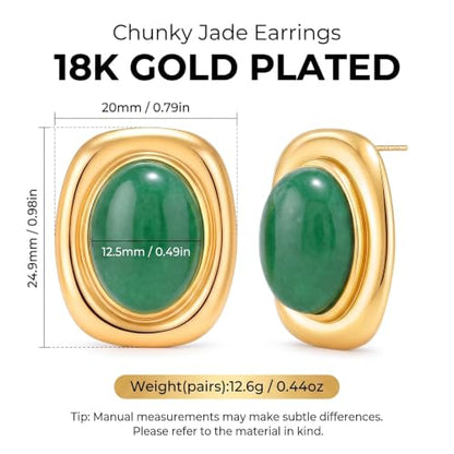 Chunky Gold Stud Earrings for Women 18K Gold Plated Hypoallergenic Chunky Statement Earrings Big Natural Crystal Stone Earring Gift for Women - color: Jade