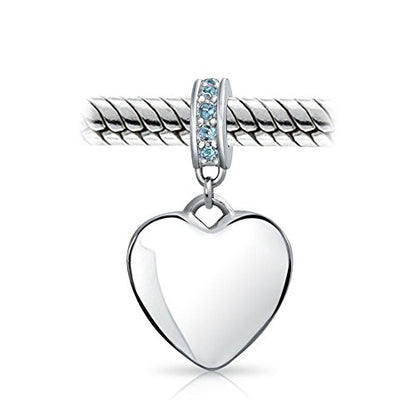 Bling Jewelry .925 Sterling Silver Blue Crystal Accent Bale Heart Shape Dangle Bead Charm for Bracelet - color: Light Blue