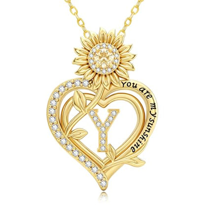 14K Gold Sunflower Initial Necklaces for Women | Heart Letter Pendant You Are My Sunshine Jewelry Gifts - style: Y
