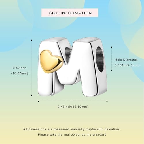 Two-Tone Gold Heart S925 Silver Letter Charm Fits Pandora Bracelet Necklace | Initial Bead Two-Tone Gold Heart, DIY European Bracelet Accessory, Gift for Ladies Birthday Anniversary Valentine - style: M