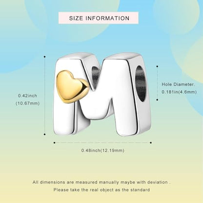 Two-Tone Gold Heart S925 Silver Letter Charm Fits Pandora Bracelet Necklace | Initial Bead Two-Tone Gold Heart, DIY European Bracelet Accessory, Gift for Ladies Birthday Anniversary Valentine - style: M