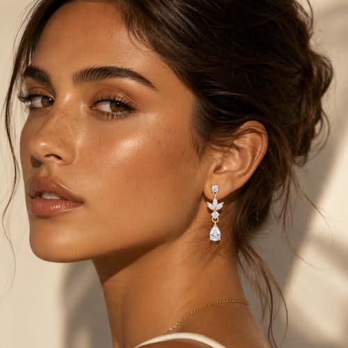 Sonateomber Gold Silver Pearl Rhinestone Dangle Earrings for Women, Elegant CZ Leaf Butterfly Bridal Earings Prom Wedding Fashion Jewelry Gift - color: Gold CZ