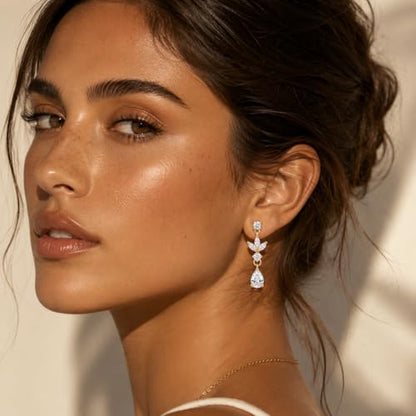 Sonateomber Gold Silver Pearl Rhinestone Dangle Earrings for Women, Elegant CZ Leaf Butterfly Bridal Earings Prom Wedding Fashion Jewelry Gift - color: Gold CZ