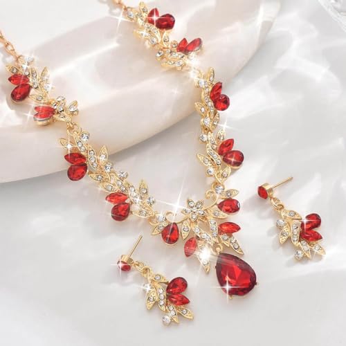 Rhinestone Bridal Wedding Jewelry Sets Gold Necklace Earrings Set Leaf Prom Formal Costume Jewelry Set for Women and Brides - color: Red
