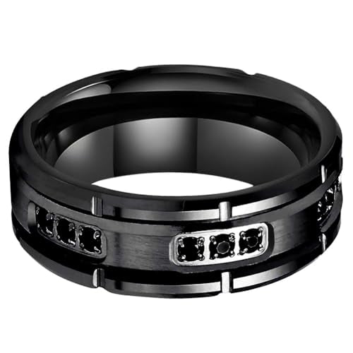 TUTISS 8mm Silver/Black Tungsten Rings for Men Women Promise Engagement Eternity Wedding Bands Black Cubic Zircon Stone Inlay All Around Matte Finish Comfort Fit - color: 8mm Black Tungsten