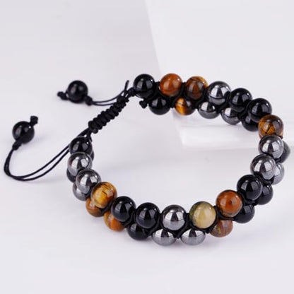 Triple Protection Bracelet,Bracelets for Men Women, Natural Tiger Eye Jewelry Stone Hematite and Blue Stone Hematite 8mm Crystal Bracelet - Adjustable Size with Premium Gift-Box - color: Brown-Black-Silver Gray