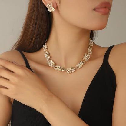 Fashion Bride Silver Gold Plated Black 1920s Leaf Faux Pearls Necklace Earrings Set Wedding Jewelry Set Sparkly Choker Necklace Stud Earrings Set for Women Christmas Gift Set for Women Necklace and Earrings - color: Gold Plated
