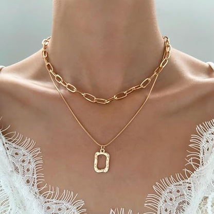 HUASAI Boho Necklaces for Women Dainty Layered Choker Necklace Bohemian Turquoise Necklace Statement Jewelry Western Cowgirl Country Concert Outfits Accessories - color: O Gold Square Necklace