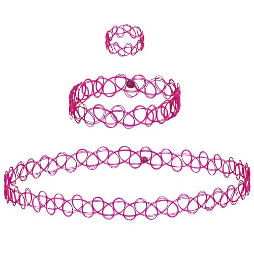 EXPRESSIONS 3pc Assorted Tattoo Stretch Jewelry Collection - Tattoo Choker Necklace, Bracelet & Ring Set - Stretchy Tattoo Effect Jewelry Accessories For Kids And Adults - color: PINK