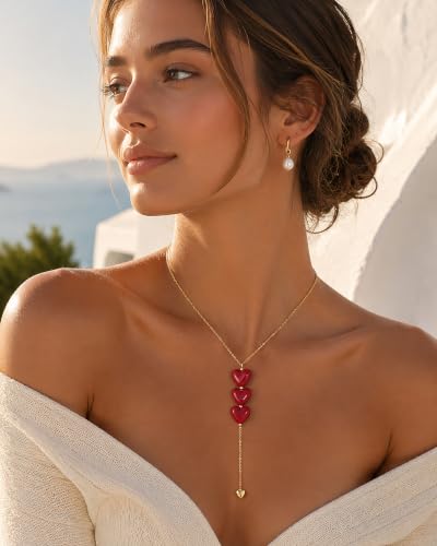 Lariat Gold Necklace for Women Dainty Long Necklace 14k Gold Plated Y-Shaped Heart Pendant Necklace Trendy Drop Necklaces Gold Jewelry Gifts