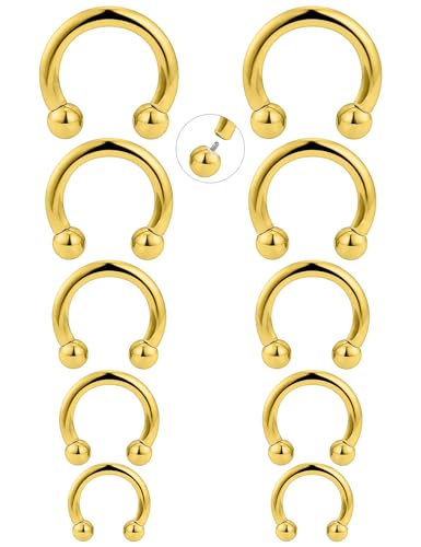 20G-00G Septum Rings Ear Gauges Earrings Stretching Kit 316L Surgical Steel Horseshoe Septum Pa Piercing Jewelry for Women 10mm 12mm 14mm 16mm - color: Gold, size: Gauge: 10G, Inner Dia: 8mm 10mm 12mm 14mm 16mm