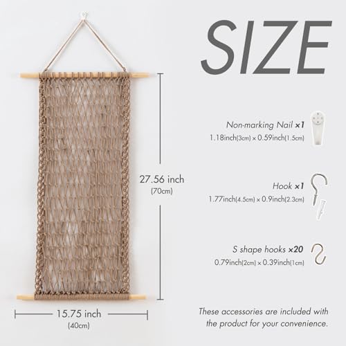 Hanging Jewelry Mesh Organizer with 20 Pieces S Shape Hooks | Macrame,Wall Mounted,Necklaces Storage,Earring Display Rack,Girls Hair Clips Hanger,for Bracelets and Rings, Milk Coffee - color: coffee
