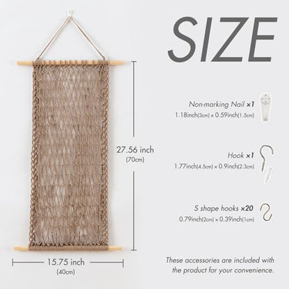 Hanging Jewelry Mesh Organizer with 20 Pieces S Shape Hooks | Macrame,Wall Mounted,Necklaces Storage,Earring Display Rack,Girls Hair Clips Hanger,for Bracelets and Rings, Milk Coffee - color: coffee