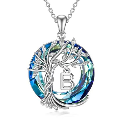 TOUPOP Gifts for Women Tree of Life Initial Necklace 925 Sterling Silver Letter Pendant with Blue Crystal Birthday Jewelry Gifts for Women Her Mom Wife Daughter - color: Tree of Life B Initial