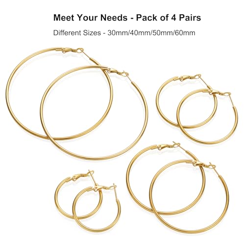 4 Pairs Gold Hoop Earrings for Women | 14K Gold Plated Hypoallergenic Small Large Earrings Set, Lightweight Stainless Steel Hoops - color: Gold