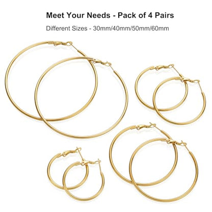 4 Pairs Gold Hoop Earrings for Women | 14K Gold Plated Hypoallergenic Small Large Earrings Set, Lightweight Stainless Steel Hoops - color: Gold