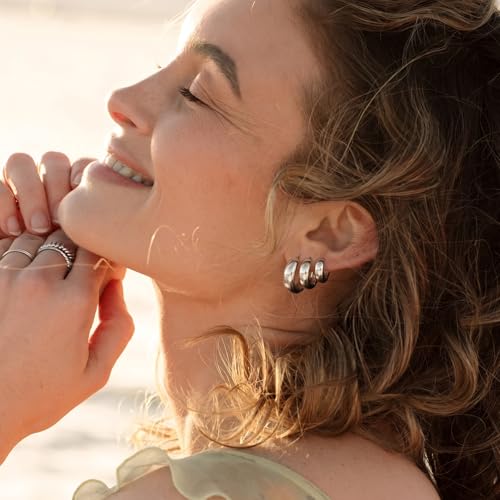 5mm Chunky Hoop Earrings Set, 3 Pairs Durable Bold Small Gold Hoop Earrings, Hypoallergenic 925 Silver Post Huggie Hoops, Lightweight Stacked-Style Thick Hoops Earring for Women - color: Silver, size: 9/11/13mm