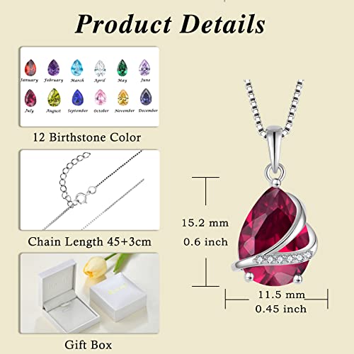 Birthstone Pendant Necklace 925 Sterling Silver Teardrop Jewelry for Women - color: Red