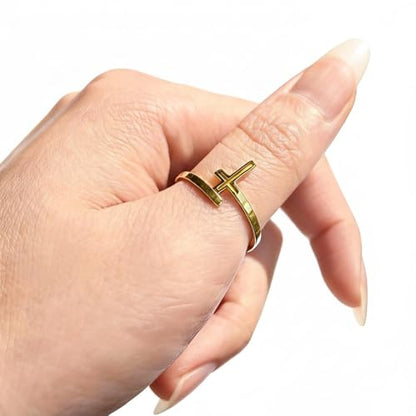 Cross Rings For Women, Faith Christian Blessed Hope Love Encouragement Pray Ring Adjustable Open Wrap Thumb Cross Inspirational Ring Dainty 14k gold Jewelry Easter Gift Non Tarnish - color: Gold 1