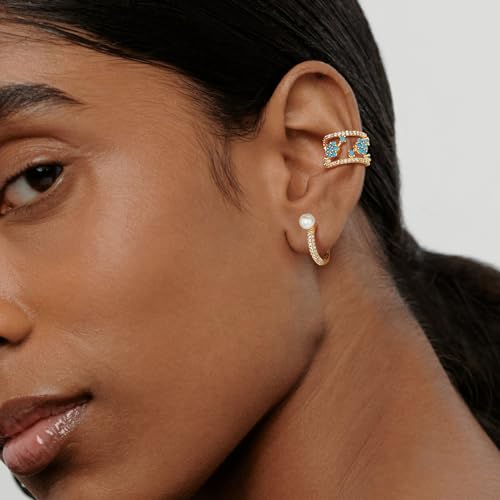 Ear Cuff Earrings for Women 14K Gold Plated Created Turquoise Cubic Zirconia Sparkling Boho Hollow Huggie Ear Cuffs Non Piercing | Clip On Cartilage | Single - color: Turquoise Blossom
