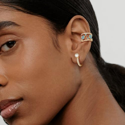 Ear Cuff Earrings for Women 14K Gold Plated Created Turquoise Cubic Zirconia Sparkling Boho Hollow Huggie Ear Cuffs Non Piercing | Clip On Cartilage | Single - color: Turquoise Blossom