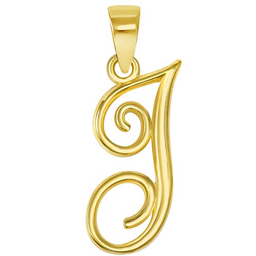 Jewelry America Solid 14k Yellow Gold Elegant Script Letter Cursive Initial Pendant - A to Z - style: J