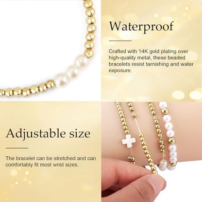 14K Gold Plated Stackable Beaded Bracelets for Women - 4Pcs Cross & Pearl Stretch Bracelet Stack, Waterproof Gold Beaded & Pearl Bracelet Set