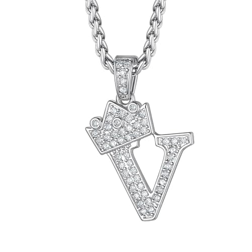 Richsteel Silver Crown Initial A-Z Letter Pendant Necklace for Men Women | Cubic Zirconia Monogram, 316L Steel Chain, 22" + 2" Extender,Hypoallergenic,Gift Box, Hip Hop Jewelry - style: V