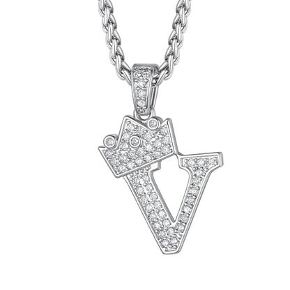 Richsteel Silver Crown Initial A-Z Letter Pendant Necklace for Men Women | Cubic Zirconia Monogram, 316L Steel Chain, 22" + 2" Extender,Hypoallergenic,Gift Box, Hip Hop Jewelry - style: V