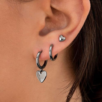 3 Pairs Earring Stacks, Gold Earring Set Jewelry Gift for Women | Small, 14K Gold/White Gold/Black/Rose Gold Plated, Hypoallergenic, Her, Everday, Stackable, Simple, 3 Holes - color: Black-Heart