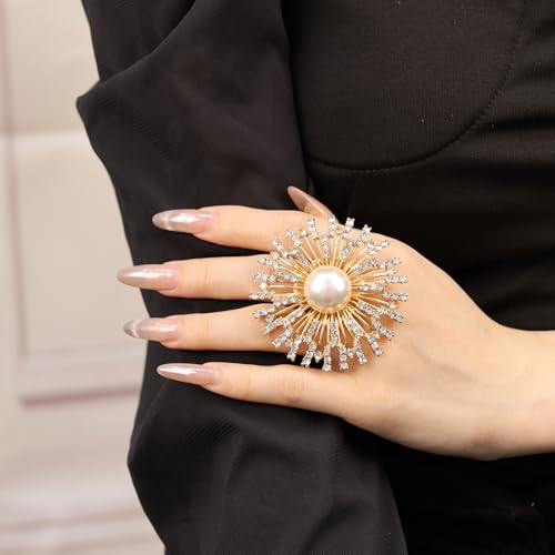 Elegant Big Crystal Ring for Women Gold Stacking Pearl Rhinestone Flower Rings Open Finger Adjustable Crystal Statement Ring Jewelry for Bridal Wedding - color: Crystal 5