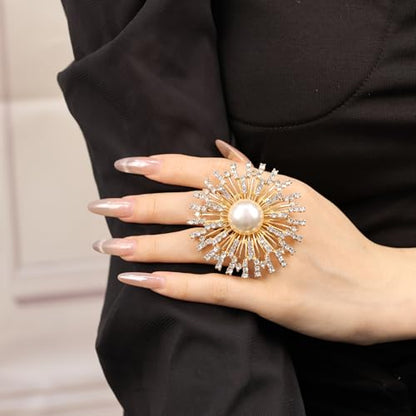 Elegant Big Crystal Ring for Women Gold Stacking Pearl Rhinestone Flower Rings Open Finger Adjustable Crystal Statement Ring Jewelry for Bridal Wedding - color: Crystal 5