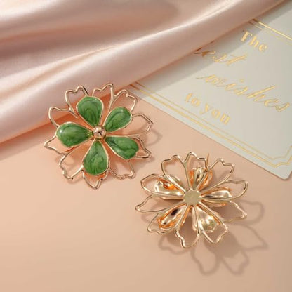 Gold Flower Jewelry Set For Women, 5 Pcs Chunky Golden Floral Pendant Necklace Bracelet Earrings Ring Set Statement Flower Jewelry Gifts For Beach Wedding - color: 5pcs-Green