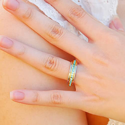 Muses Art Design Fidget Rings, Anxiety Rings, Spinner Rings, Band Rings with Birthstone, Stainless Steel, Women and Men, Meditation Rings, Thumb Rings, Stress Relieving and Anxiety Reducing - color: March - Aquamarine