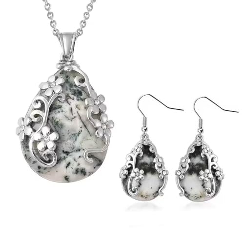 SHOP LC DELIVERING JOY Jewelry Set for Women - Floral Gemstone Necklace & Earring Sets - Lapis Lazuli, Black Onyx & Dendritic Pendant Necklaces & Dangle Earrings - 20" Necklace Length Gifts for Women - color: White