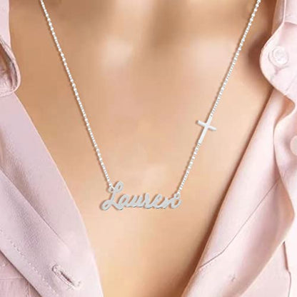 925 Sterling Silver Personalized Name Necklace with Cross Pendant Custom Made with Any Names - color: Silver